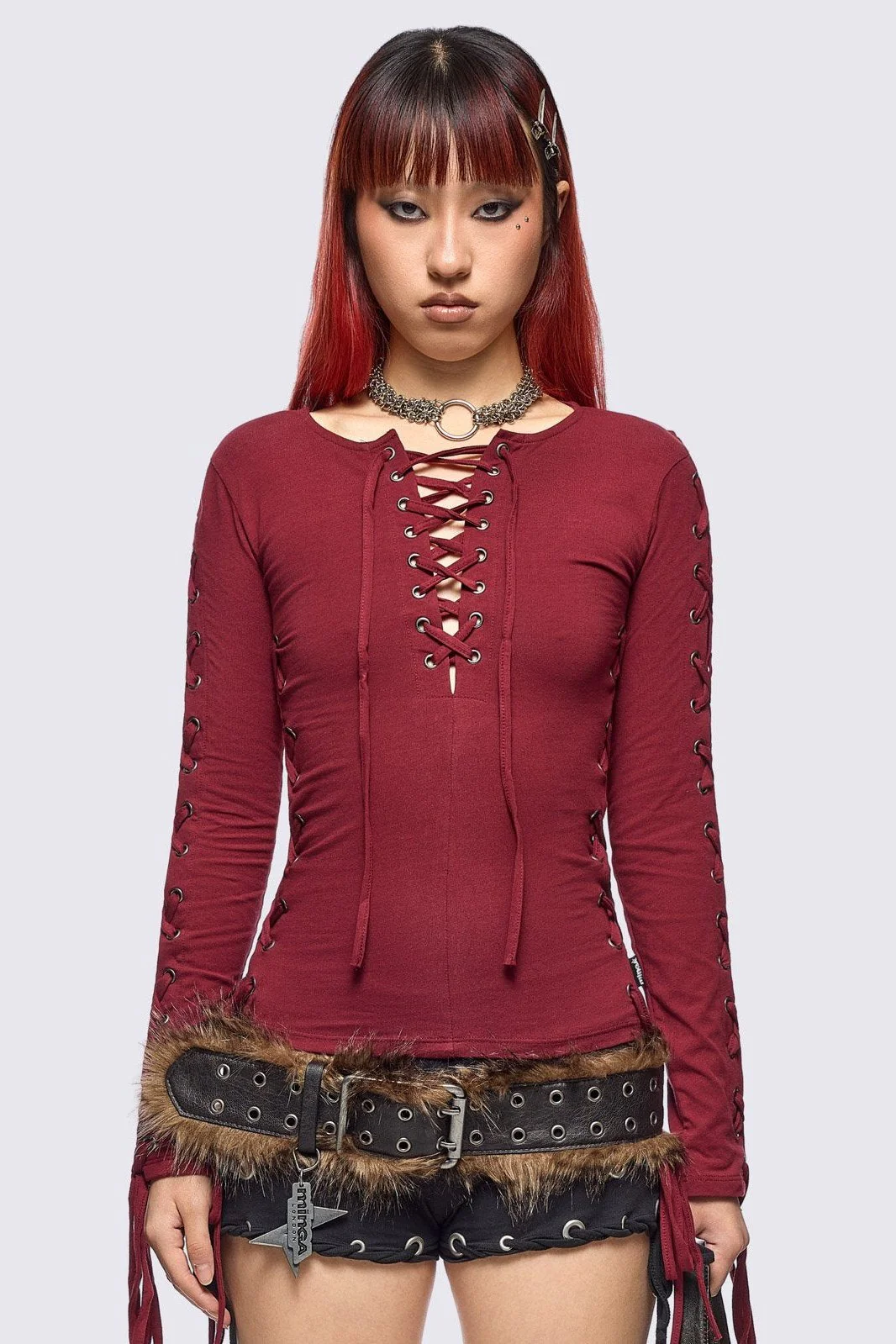Khaela Burgundy Lace-Up Top